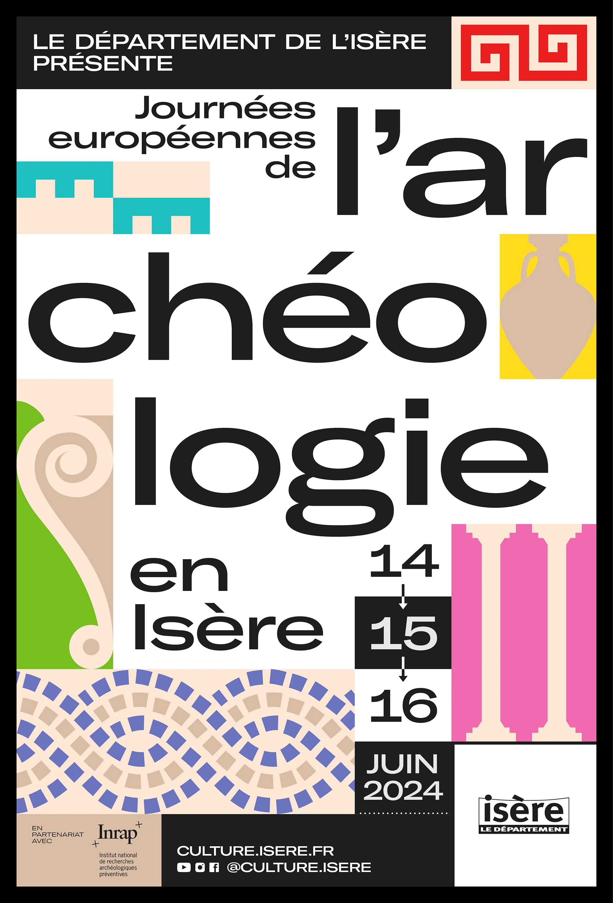 Affiche des Journées européennes de l'archéologie 2024 sur fond noir