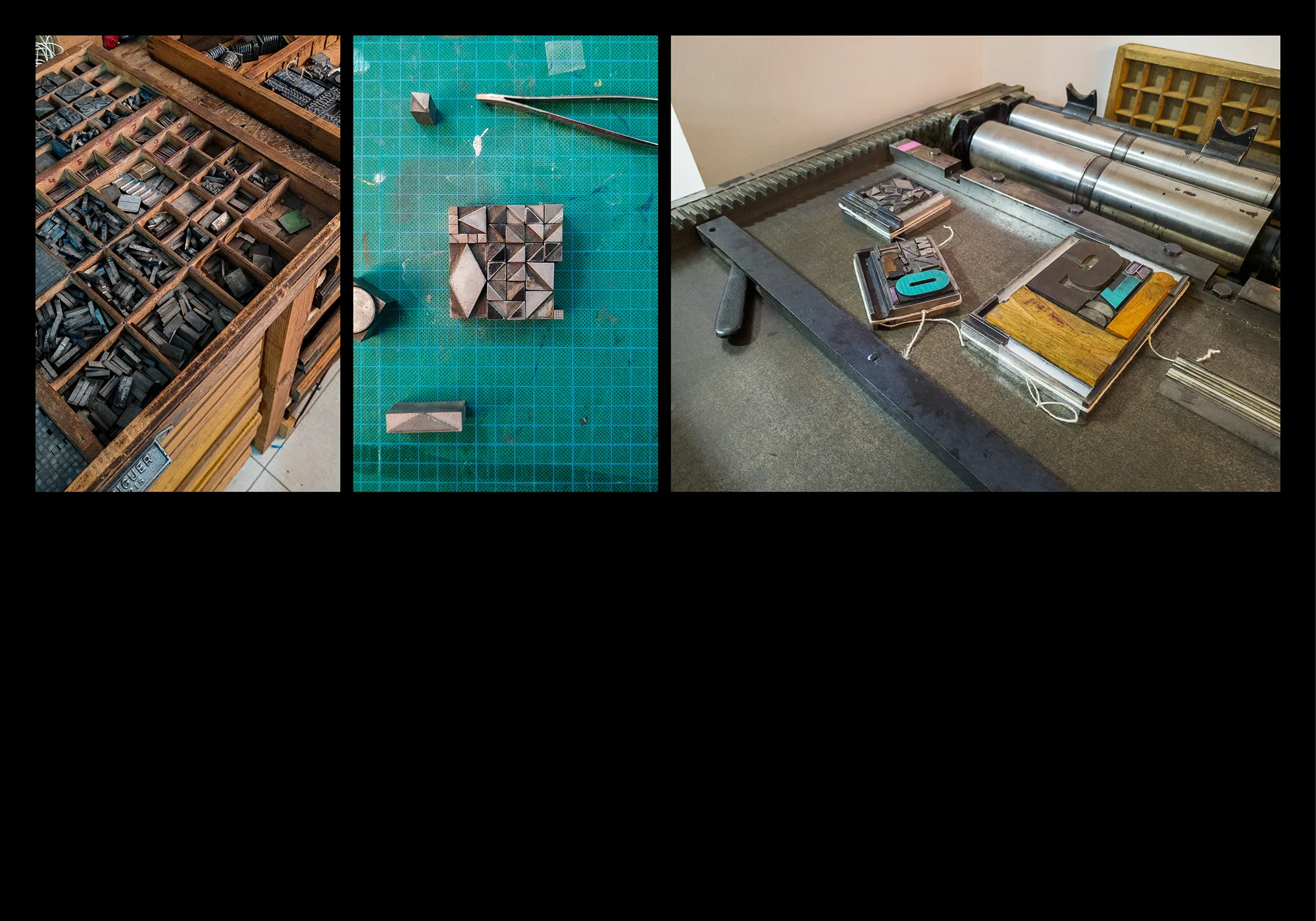 Montage de plusieurs photos du processus de composition et d'impression