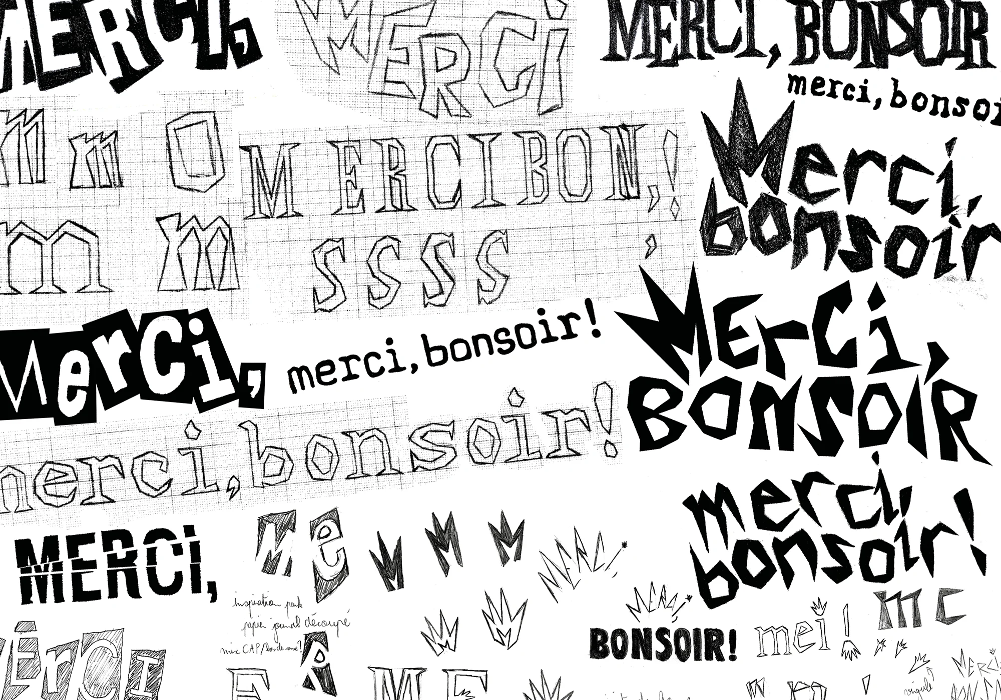 Compilation de croquis pour le logo typographique du festival Merci, Bonsoir !