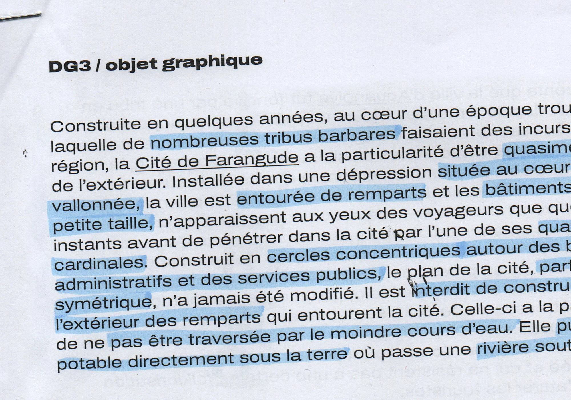 Brief avec des informations sur la ville imaginaire : Cité de Farangude