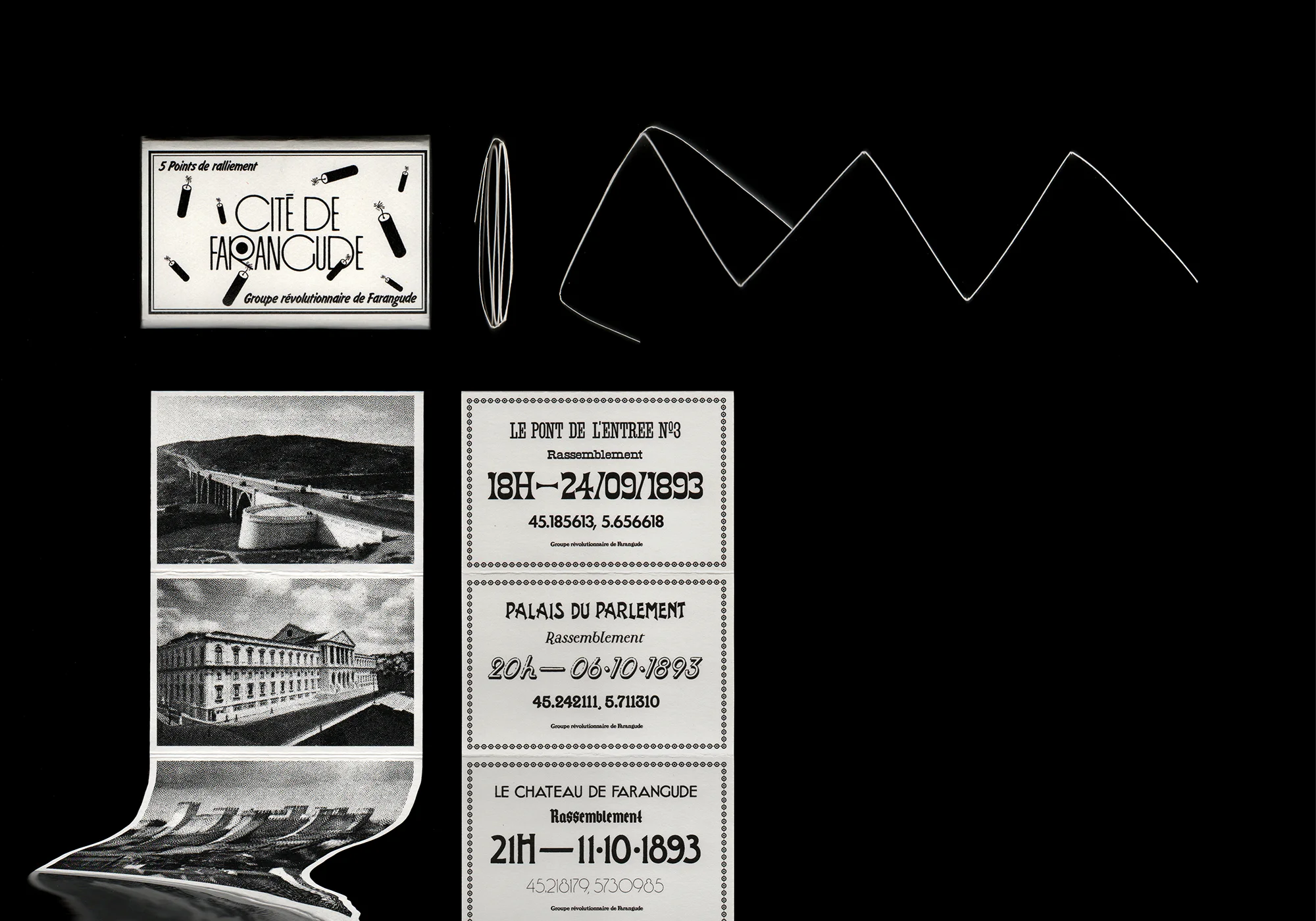 Scan d'un objet graphique sous la forme d'un ancien album de cartes postales détournées pour communiquer des points de ralliement secrets