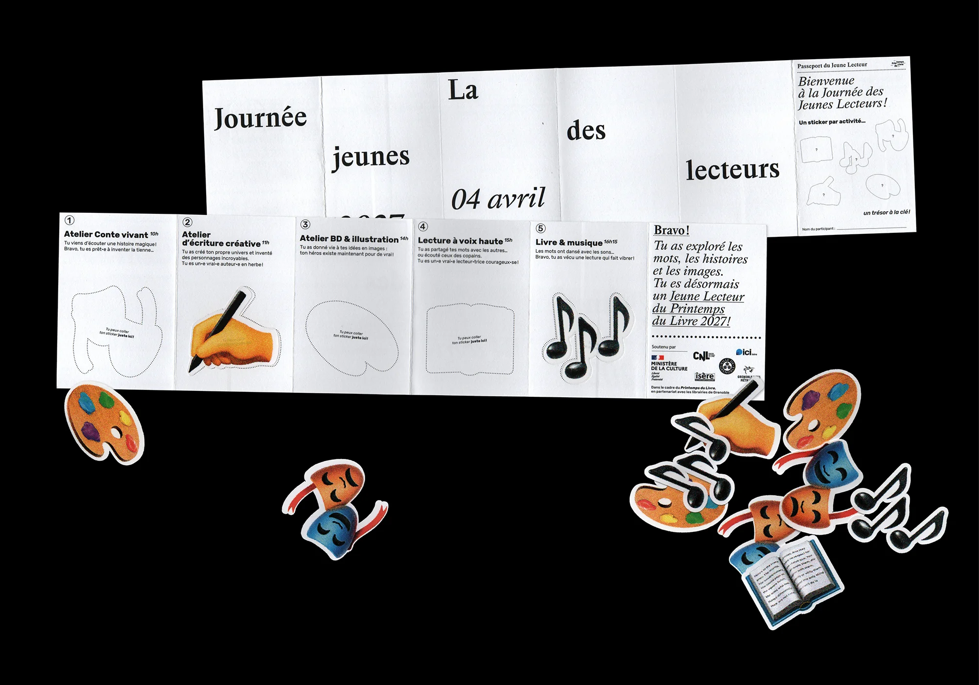 Scan recto/verso du passeport du jeune lecteur et de ses stickers à coller